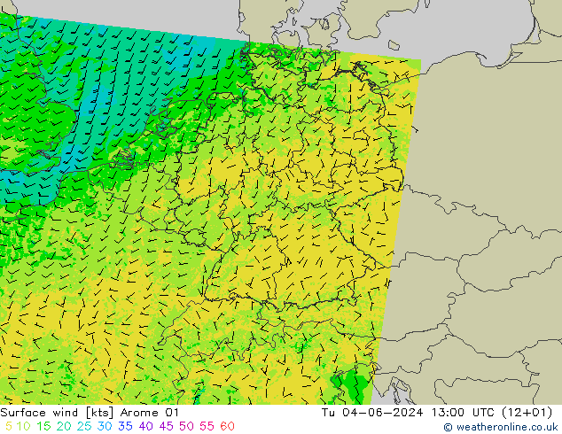 Surface wind Arome 01 Tu 04.06.2024 13 UTC