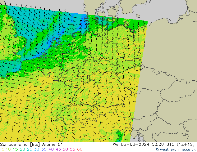 Surface wind Arome 01 St 05.06.2024 00 UTC