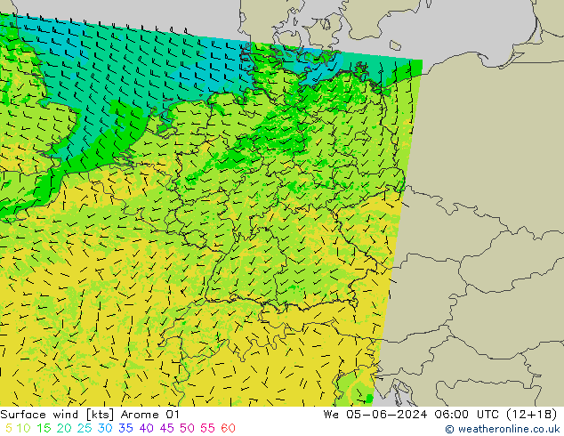 Surface wind Arome 01 St 05.06.2024 06 UTC