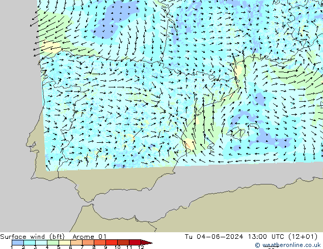 Rüzgar 10 m (bft) Arome 01 Sa 04.06.2024 13 UTC