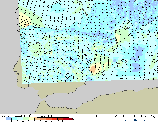 Surface wind (bft) Arome 01 Út 04.06.2024 18 UTC