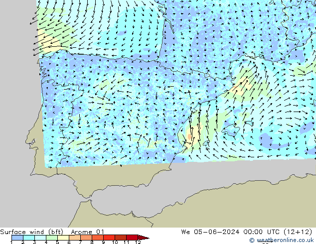 Surface wind (bft) Arome 01 We 05.06.2024 00 UTC