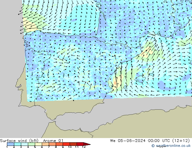 Vento 10 m (bft) Arome 01 Qua 05.06.2024 00 UTC