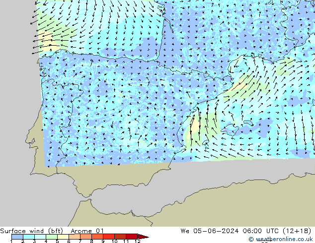 Surface wind (bft) Arome 01 St 05.06.2024 06 UTC