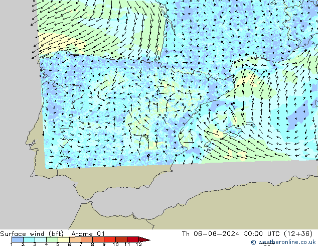 Surface wind (bft) Arome 01 Th 06.06.2024 00 UTC