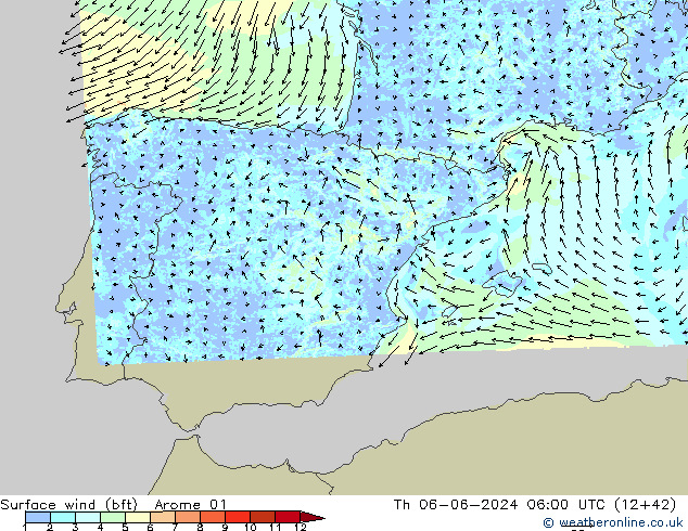 Surface wind (bft) Arome 01 Th 06.06.2024 06 UTC