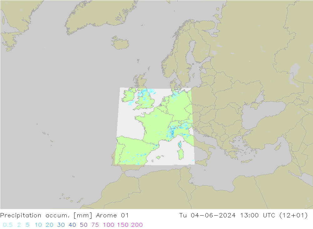 Precipitation accum. Arome 01 Út 04.06.2024 13 UTC