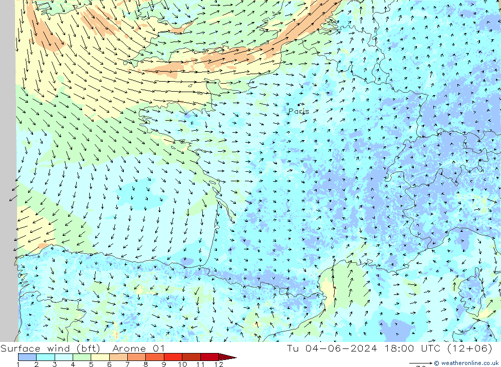 Bodenwind (bft) Arome 01 Di 04.06.2024 18 UTC