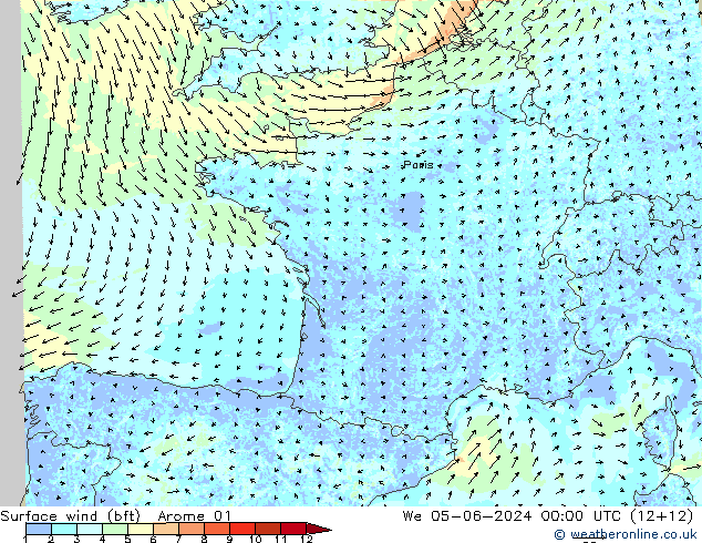 Surface wind (bft) Arome 01 We 05.06.2024 00 UTC