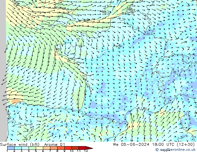 Viento 10 m (bft) Arome 01 mié 05.06.2024 18 UTC