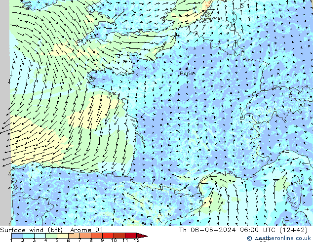 Vent 10 m (bft) Arome 01 jeu 06.06.2024 06 UTC