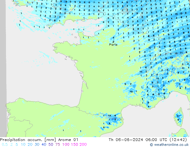 Precipitation accum. Arome 01 чт 06.06.2024 06 UTC