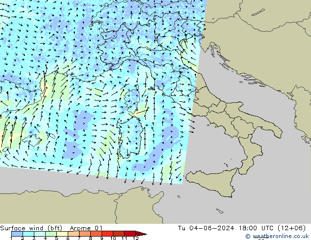 Surface wind (bft) Arome 01 Tu 04.06.2024 18 UTC