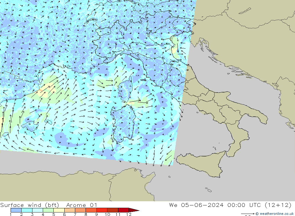 Vent 10 m (bft) Arome 01 mer 05.06.2024 00 UTC