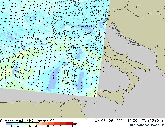 Surface wind (bft) Arome 01 We 05.06.2024 12 UTC