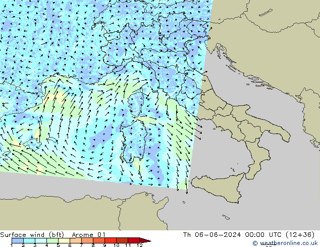 Vent 10 m (bft) Arome 01 jeu 06.06.2024 00 UTC