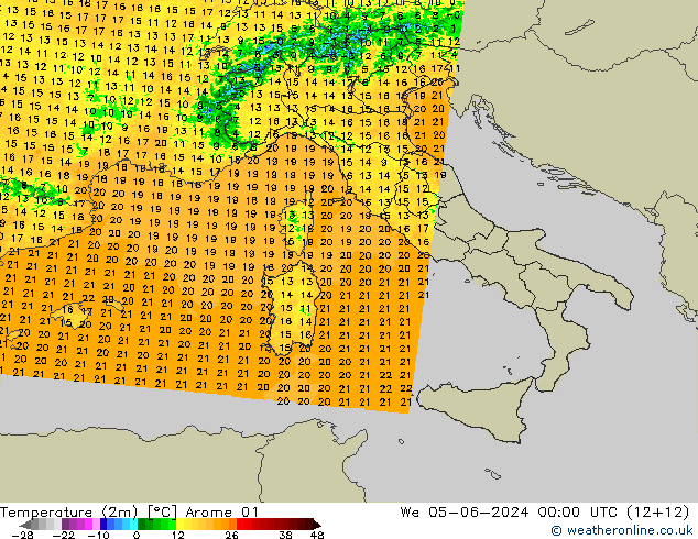 température (2m) Arome 01 mer 05.06.2024 00 UTC