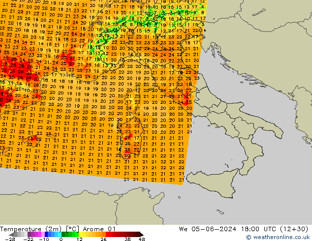 Temperature (2m) Arome 01 We 05.06.2024 18 UTC