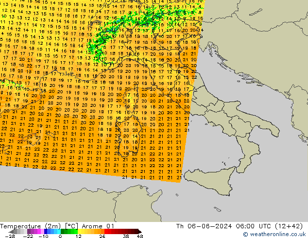 Sıcaklık Haritası (2m) Arome 01 Per 06.06.2024 06 UTC