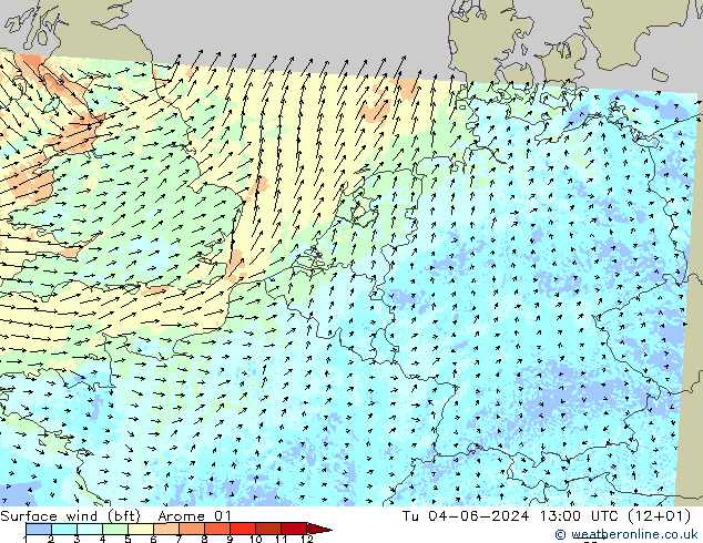 Surface wind (bft) Arome 01 Tu 04.06.2024 13 UTC