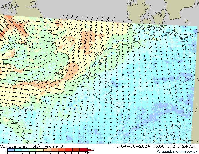 Bodenwind (bft) Arome 01 Di 04.06.2024 15 UTC