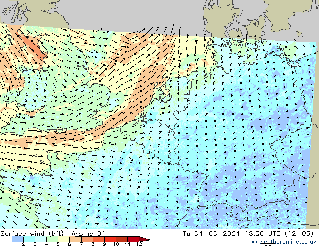 Wind 10 m (bft) Arome 01 di 04.06.2024 18 UTC