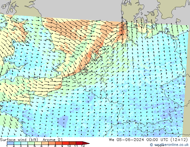 Surface wind (bft) Arome 01 We 05.06.2024 00 UTC