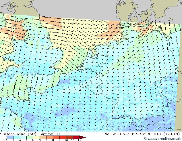 Surface wind (bft) Arome 01 St 05.06.2024 06 UTC