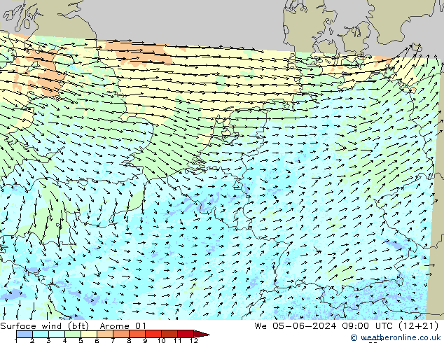 Surface wind (bft) Arome 01 We 05.06.2024 09 UTC