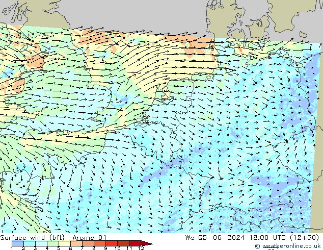 wiatr 10 m (bft) Arome 01 śro. 05.06.2024 18 UTC