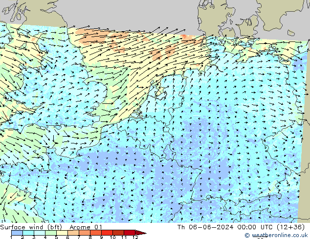 Rüzgar 10 m (bft) Arome 01 Per 06.06.2024 00 UTC