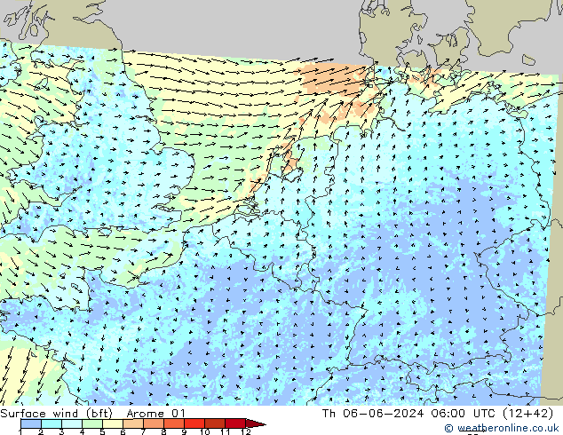 wiatr 10 m (bft) Arome 01 czw. 06.06.2024 06 UTC