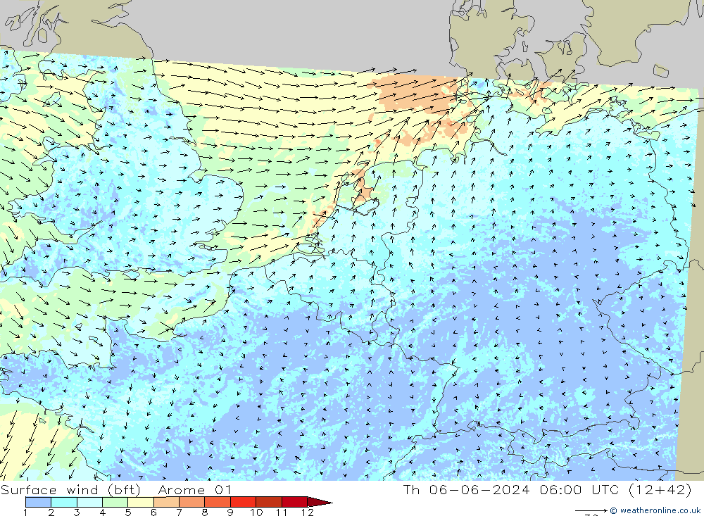 wiatr 10 m (bft) Arome 01 czw. 06.06.2024 06 UTC