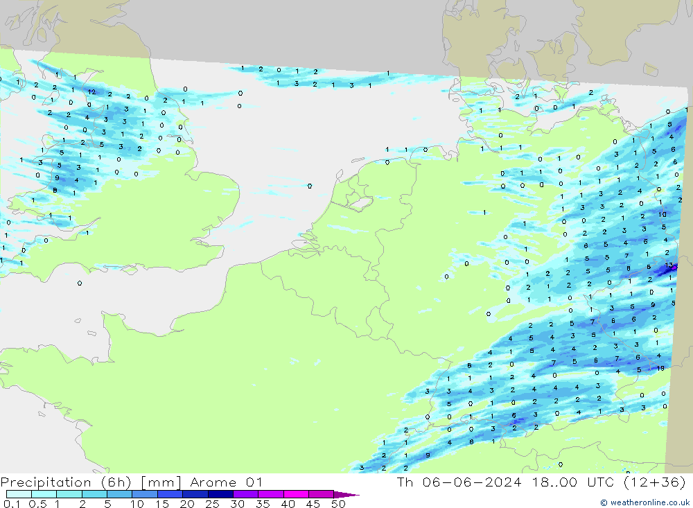 Totale neerslag (6h) Arome 01 do 06.06.2024 00 UTC