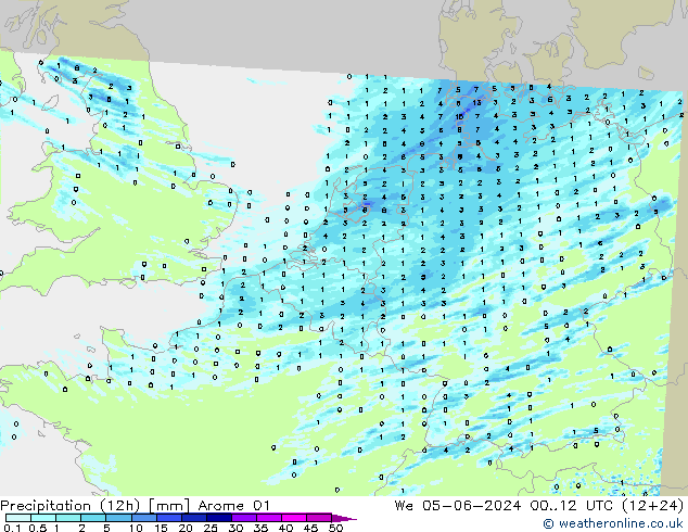 Totale neerslag (12h) Arome 01 wo 05.06.2024 12 UTC