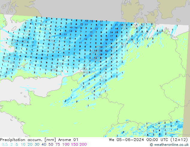 Totale neerslag Arome 01 wo 05.06.2024 00 UTC