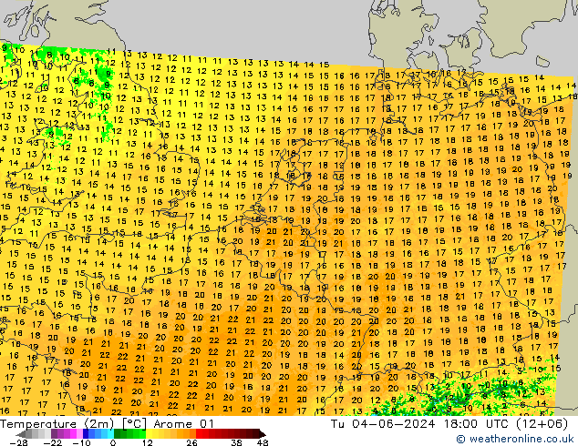 Temperatuurkaart (2m) Arome 01 di 04.06.2024 18 UTC