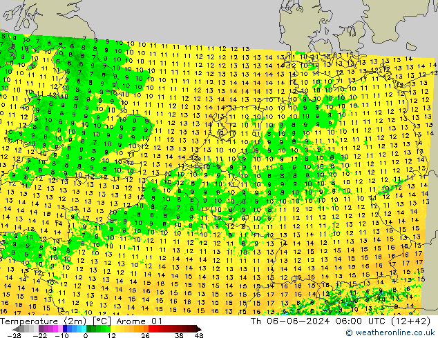 Temperatura (2m) Arome 01 Qui 06.06.2024 06 UTC