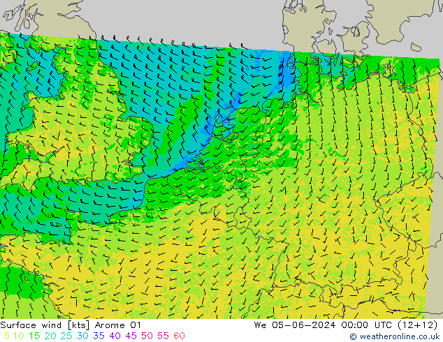 Surface wind Arome 01 St 05.06.2024 00 UTC