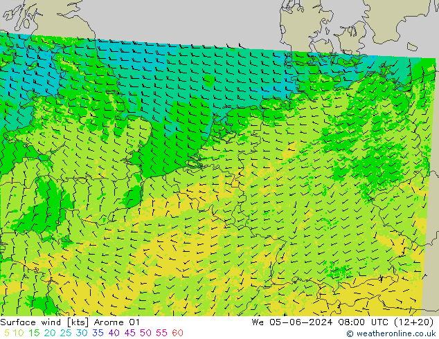 wiatr 10 m Arome 01 śro. 05.06.2024 08 UTC