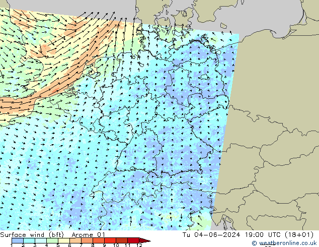 wiatr 10 m (bft) Arome 01 wto. 04.06.2024 19 UTC