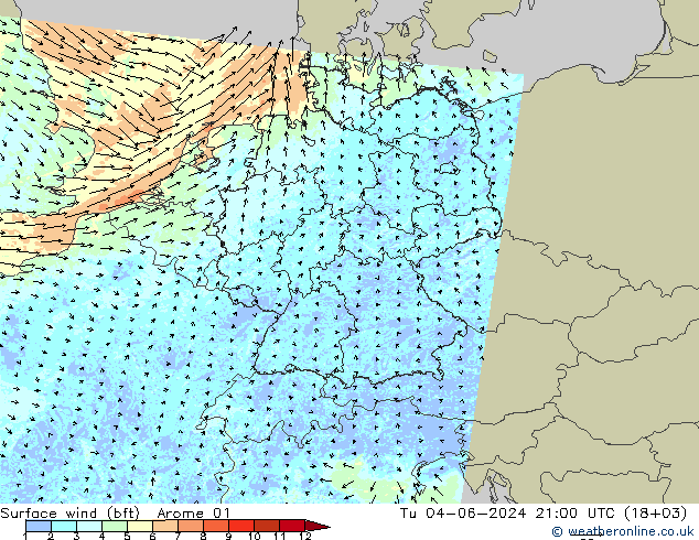 Viento 10 m (bft) Arome 01 mar 04.06.2024 21 UTC