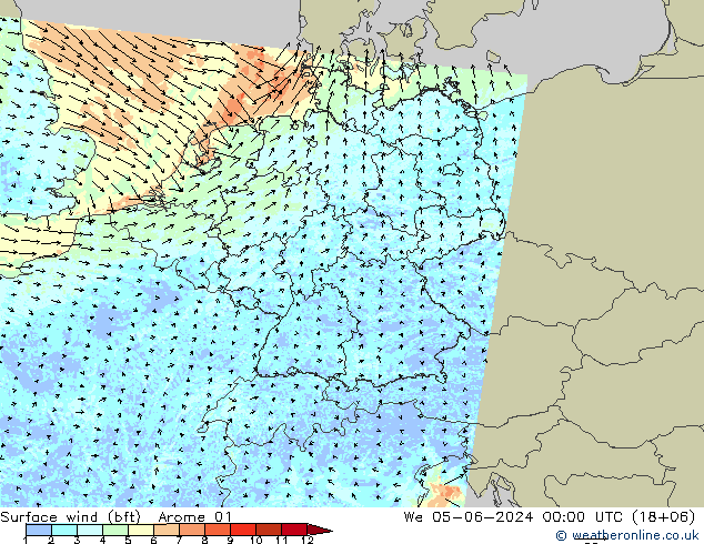 Bodenwind (bft) Arome 01 Mi 05.06.2024 00 UTC