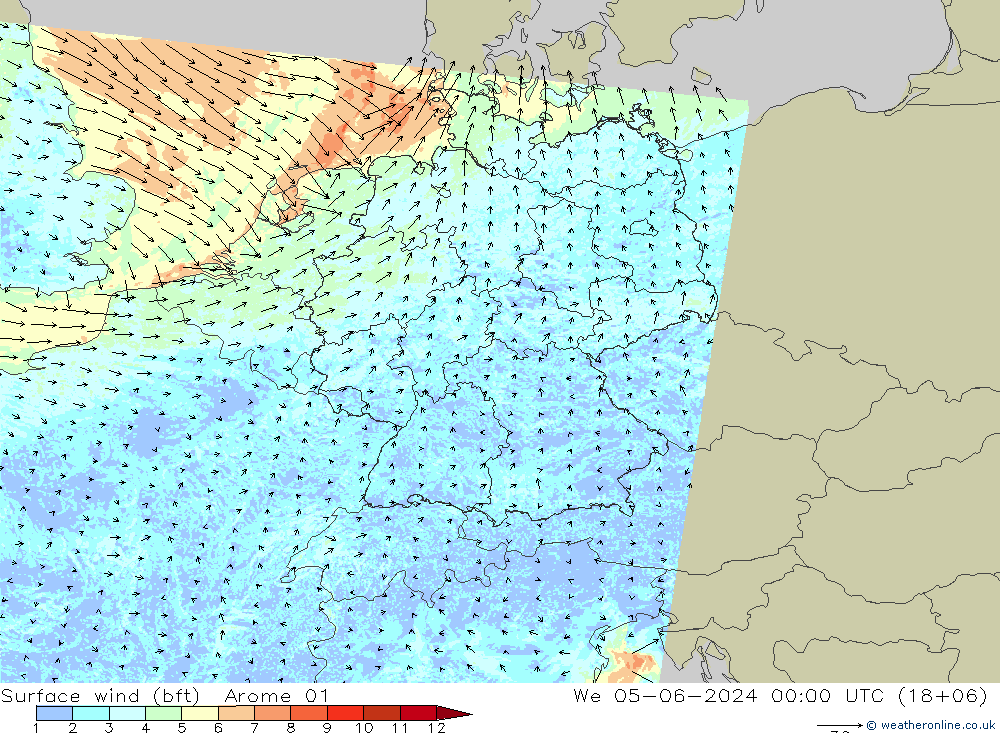 Surface wind (bft) Arome 01 We 05.06.2024 00 UTC