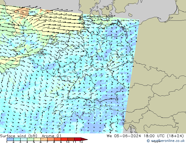 Wind 10 m (bft) Arome 01 wo 05.06.2024 18 UTC