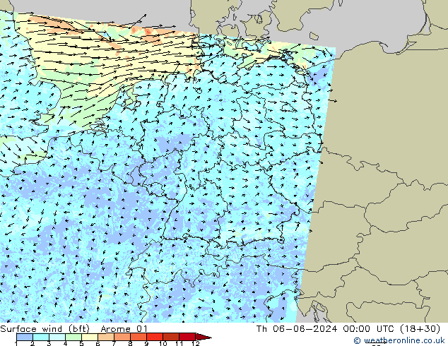 Vento 10 m (bft) Arome 01 Qui 06.06.2024 00 UTC