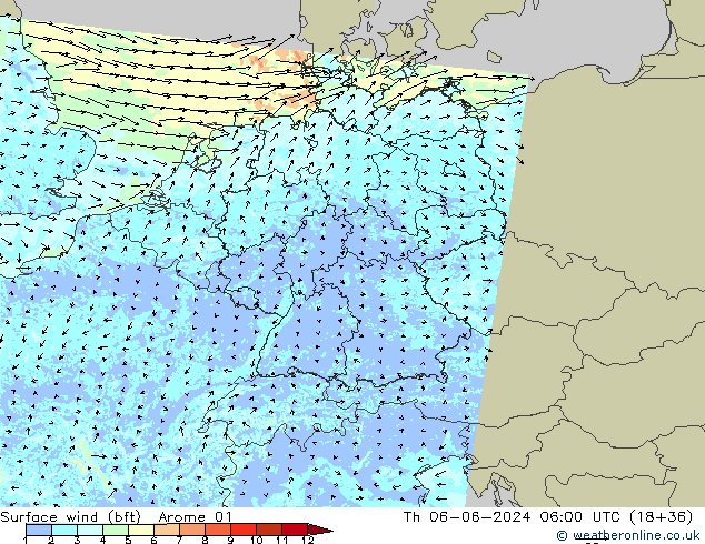 Surface wind (bft) Arome 01 Th 06.06.2024 06 UTC