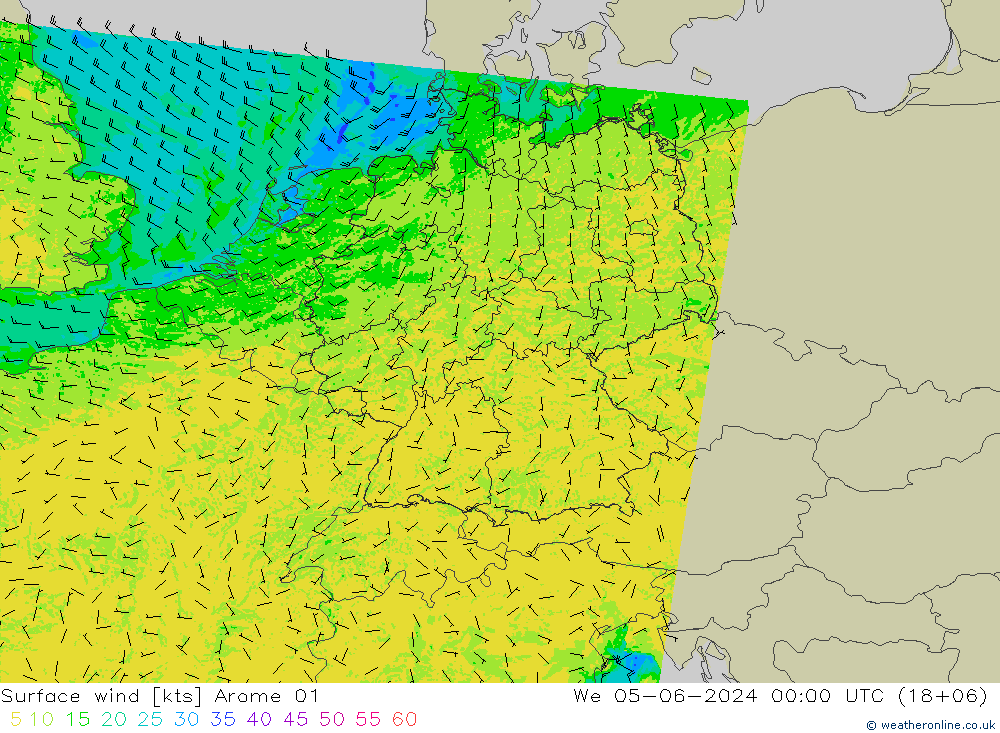 Vento 10 m Arome 01 Qua 05.06.2024 00 UTC