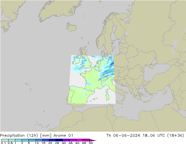 Totale neerslag (12h) Arome 01 do 06.06.2024 06 UTC
