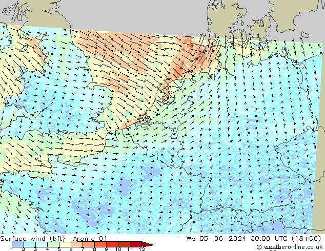 wiatr 10 m (bft) Arome 01 śro. 05.06.2024 00 UTC